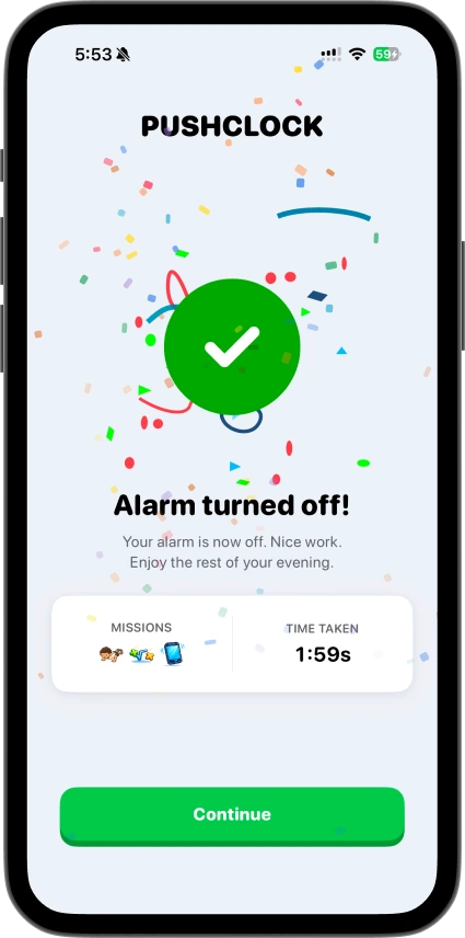 PushClock success screen reading Alarm turned off, with confetti, the missions completed and the time taken