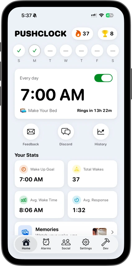 PushClock home screen with a 7:00 AM daily alarm set to the Make Your Bed mission, a 37-day streak and wake-up stats