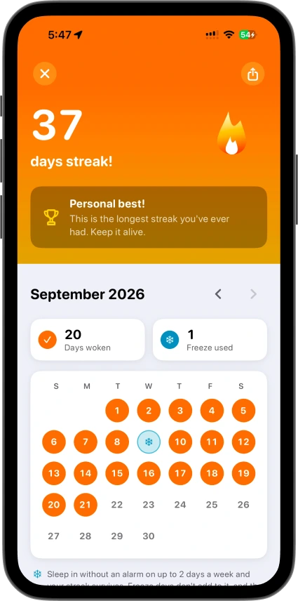PushClock streak screen showing a 37-day streak, a personal best, and a September calendar of completed wake-ups